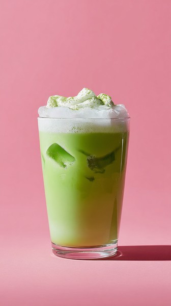 Iced Matcha Latte Glass on Pink Background