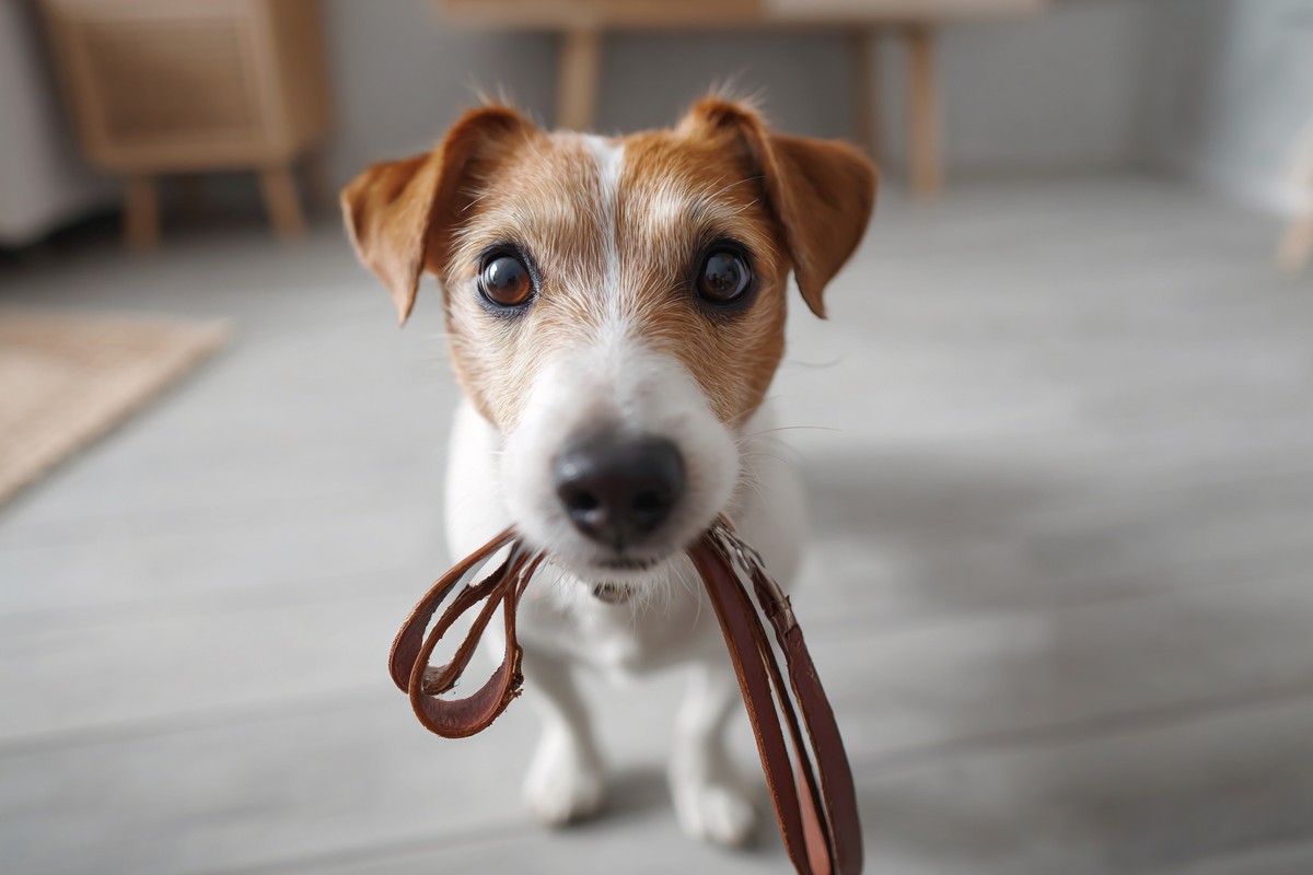 jack russell terrier dog holding open leash b4539163 37da 44ef
