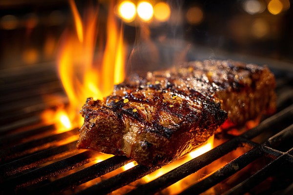 large steak sizzling the grill with flames f0044b08 f5e5 44f1