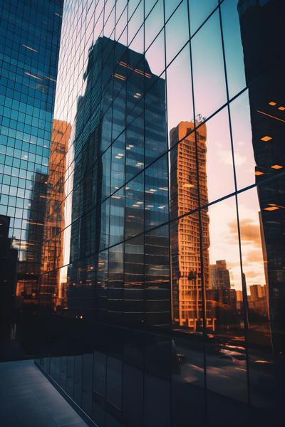 A line of glass-windowed office buildings stretching into the horizon