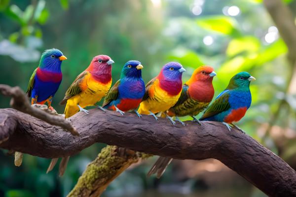 A lively group of tropical birds perched on a branch