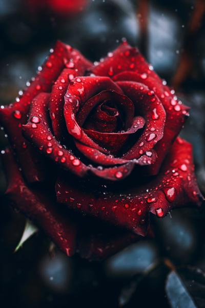macro foto de una rosa roja que choquea sangre roja en una habitacion negra
