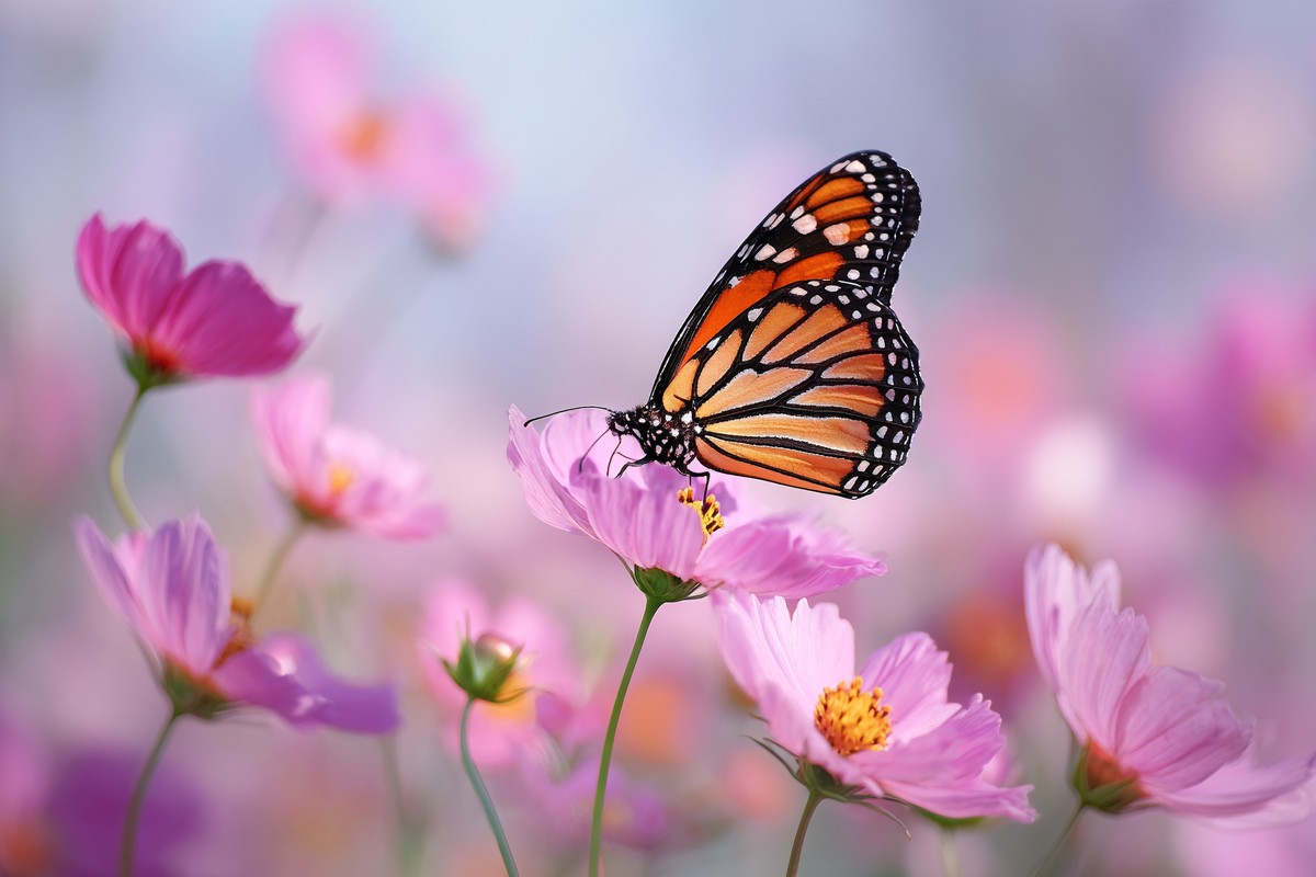 macro photo pink cosmos flowers with monarch 7b98ceb3 3ca2 4be0