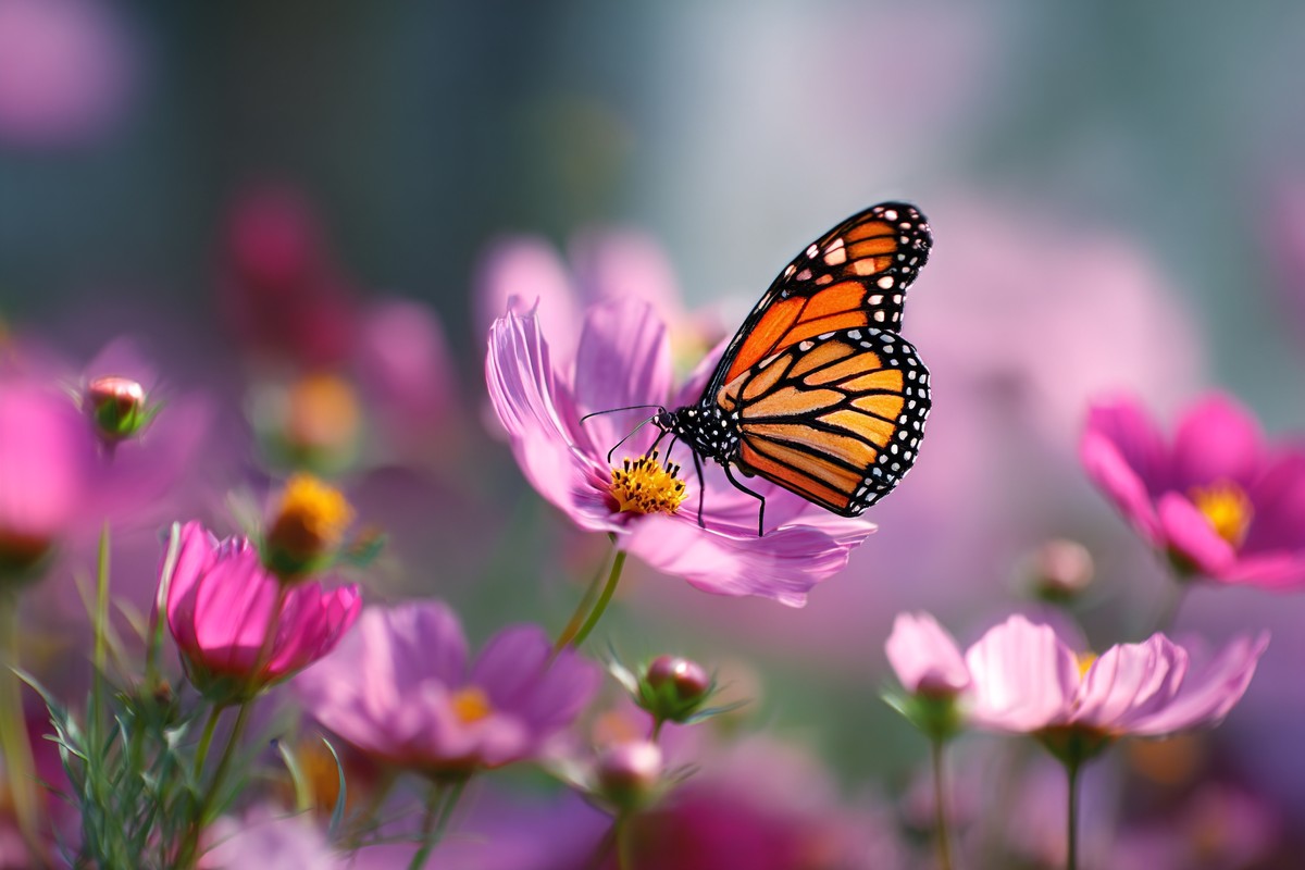 macro photo pink cosmos flowers with monarch 7b98ceb3 3ca2 4be0