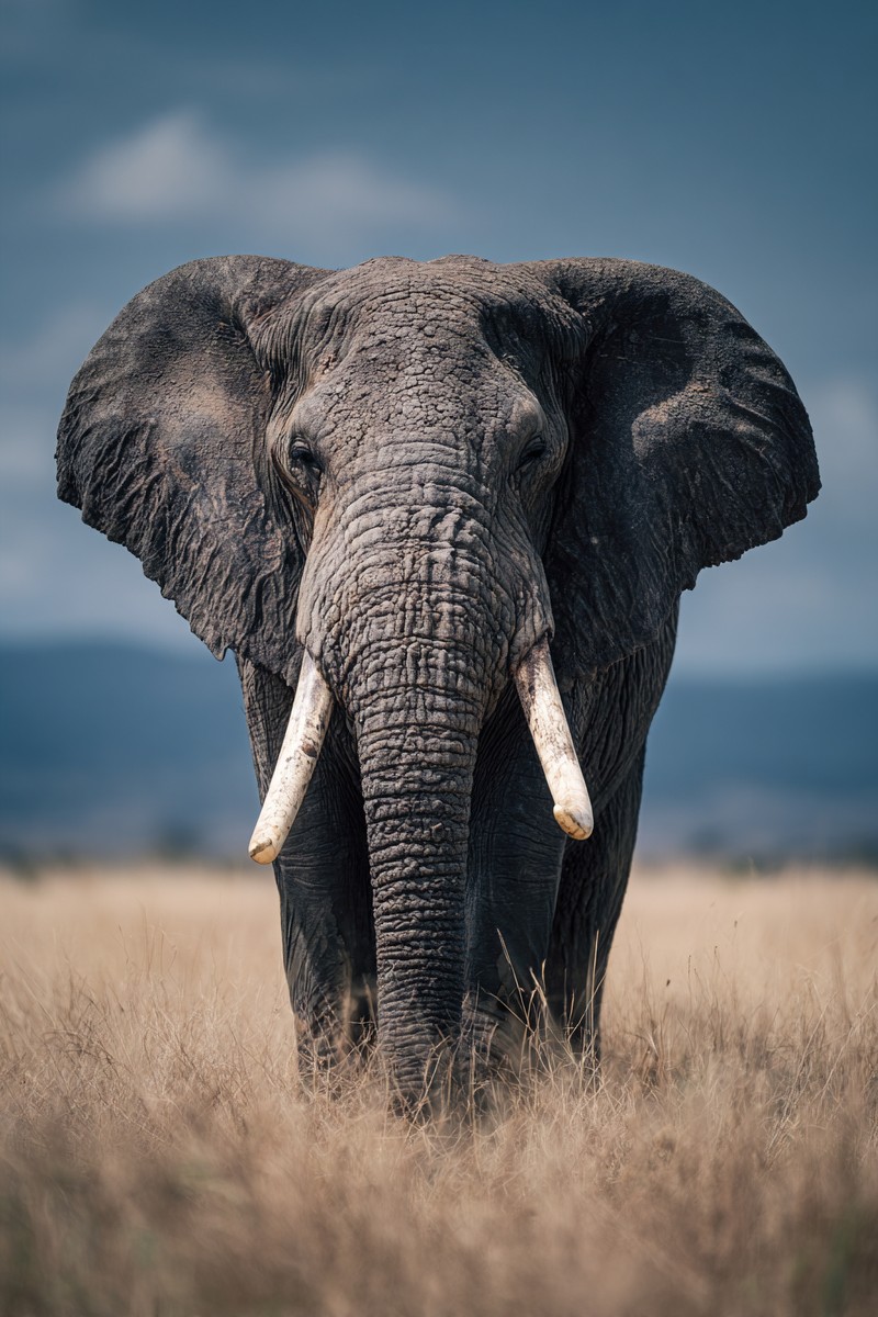 A majestic elephant stands tall in the open savannah, showcasing its strength and grace against a backdrop of a cloudy sky. This image captures the essence of wildlife and nature, making it ideal for projects related to environmental conservation, safari adventures, or educational content about elephants and their habitats.