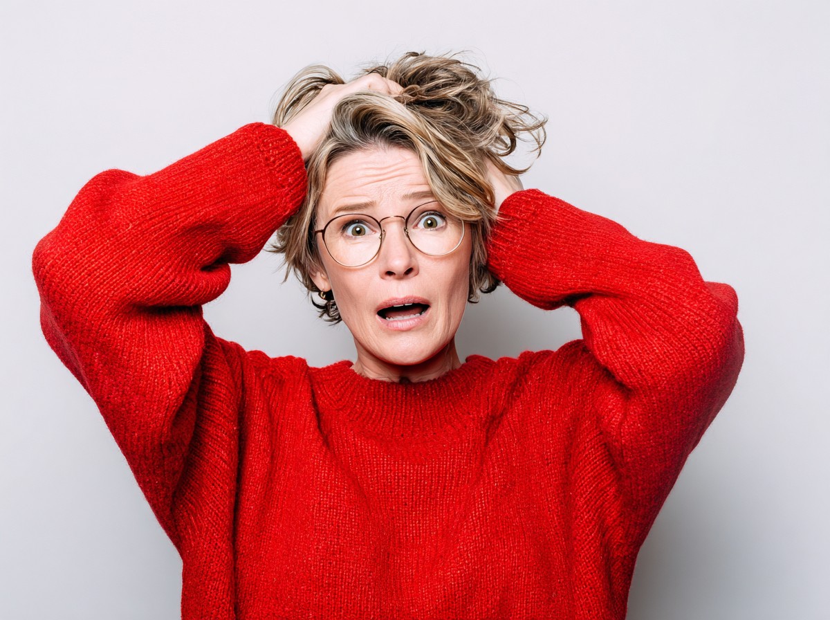 middle aged woman wearing red sweater standing d080ea49 a776 4dcb