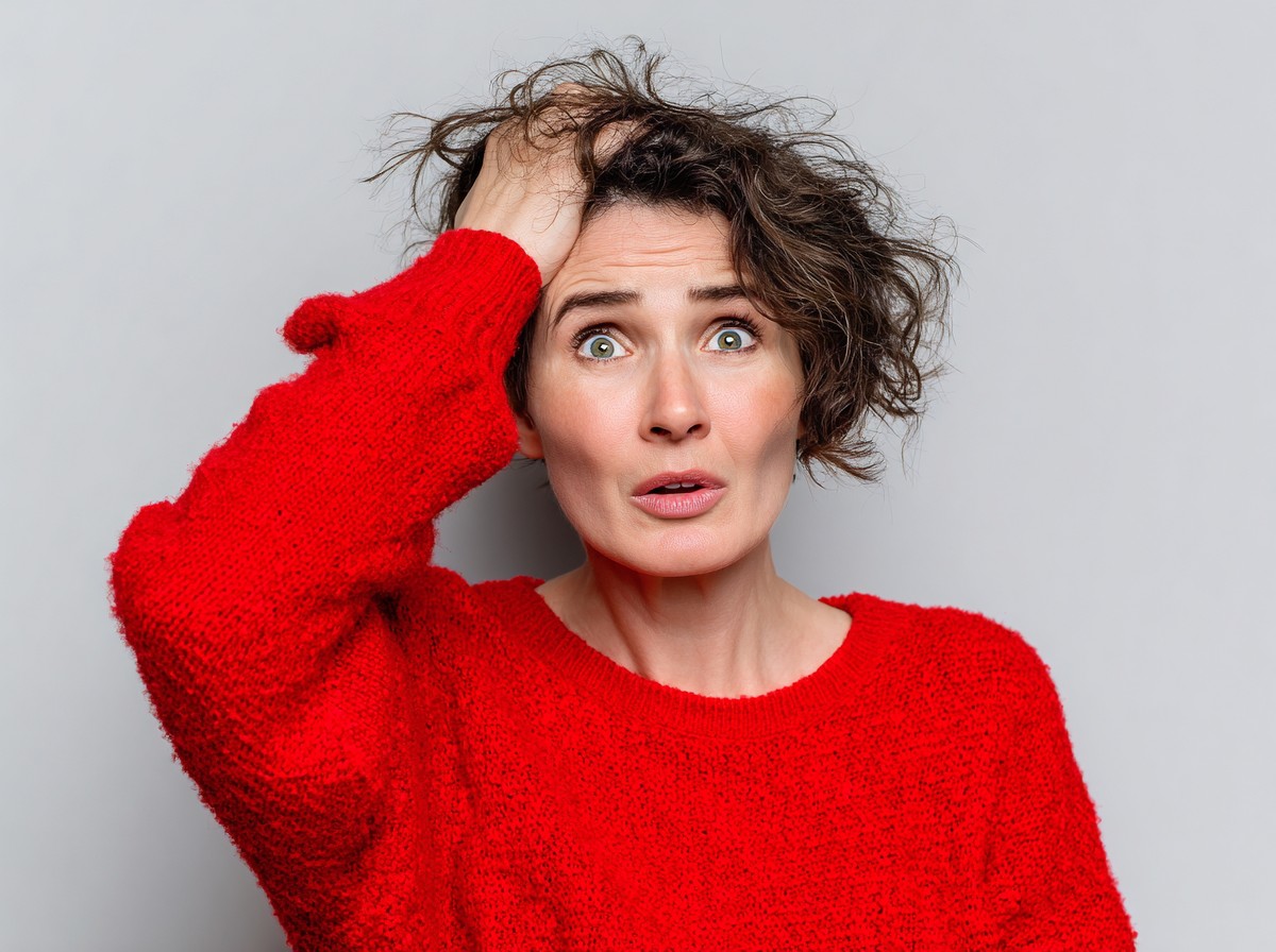 middle aged woman wearing red sweater standing d080ea49 a776 4dcb