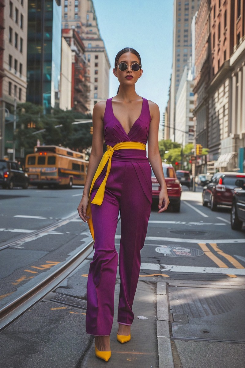 model purple jumpsuit with yellow accessories