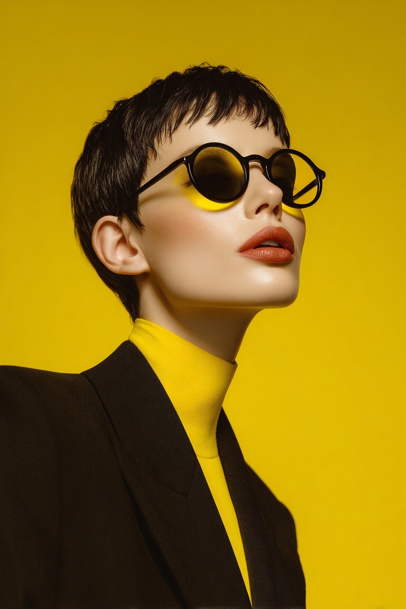 model with short hair wearing sunglasses front