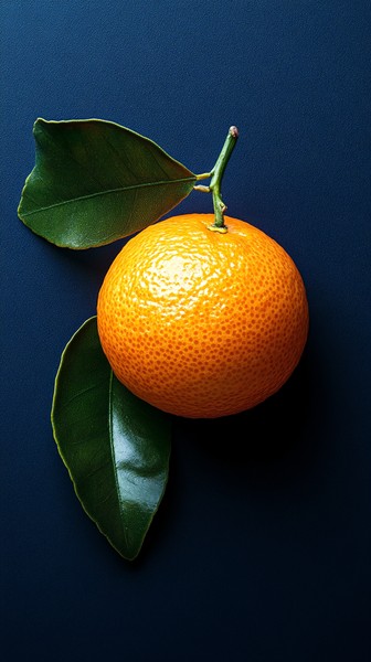 Single Orange Clementine with Green Leaf on Deep Blue Background