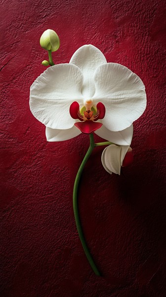 Single White Orchid Bloom on Deep Burgundy Background