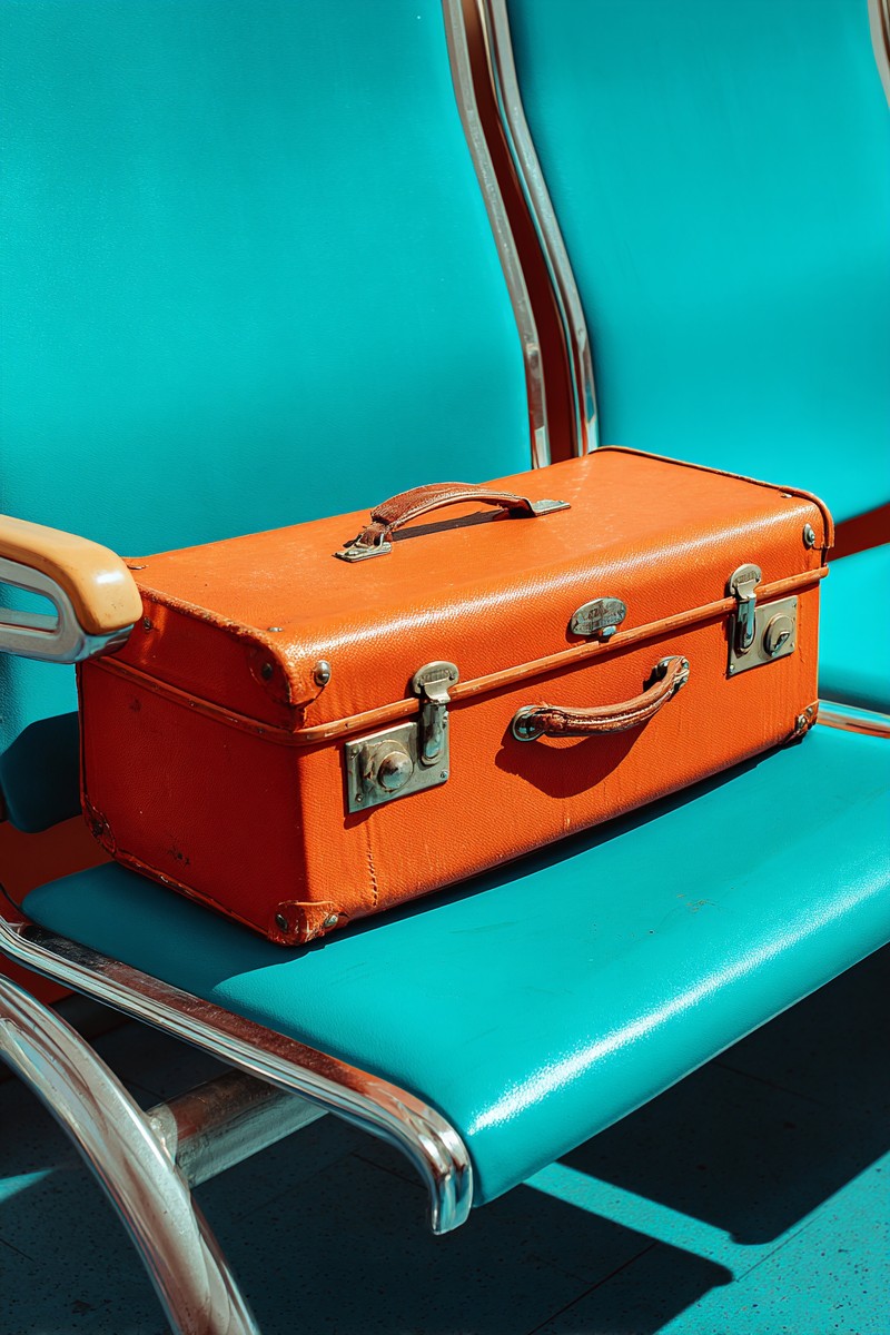 orange vintage suitcase placed cyan airport sea