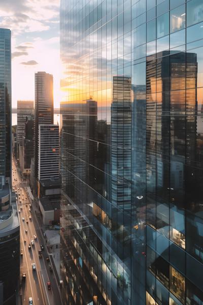 A panoramic view of a bustling cityscape with a tapestry of glass-windowed business buildings