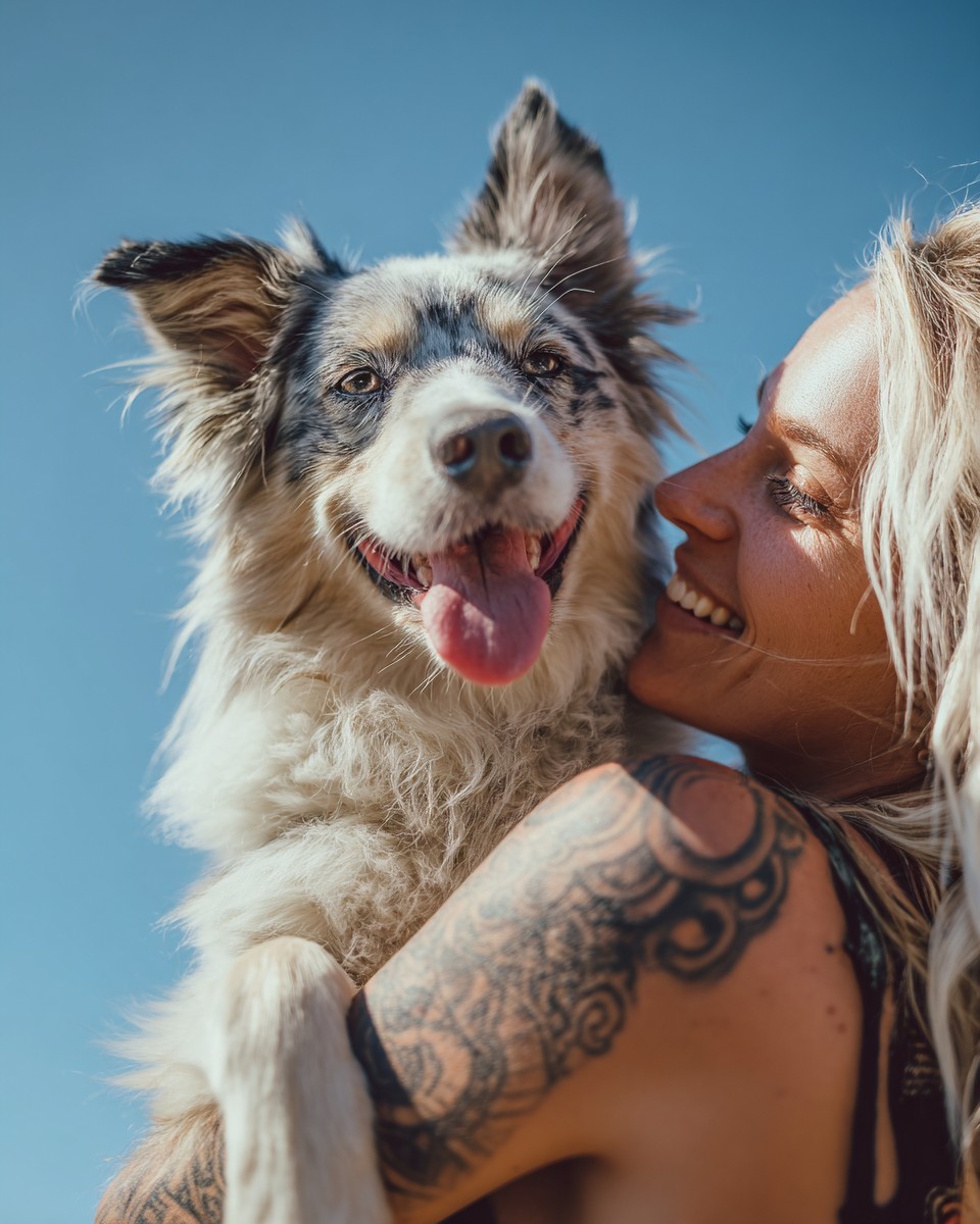 photo australian shepherd dog holding