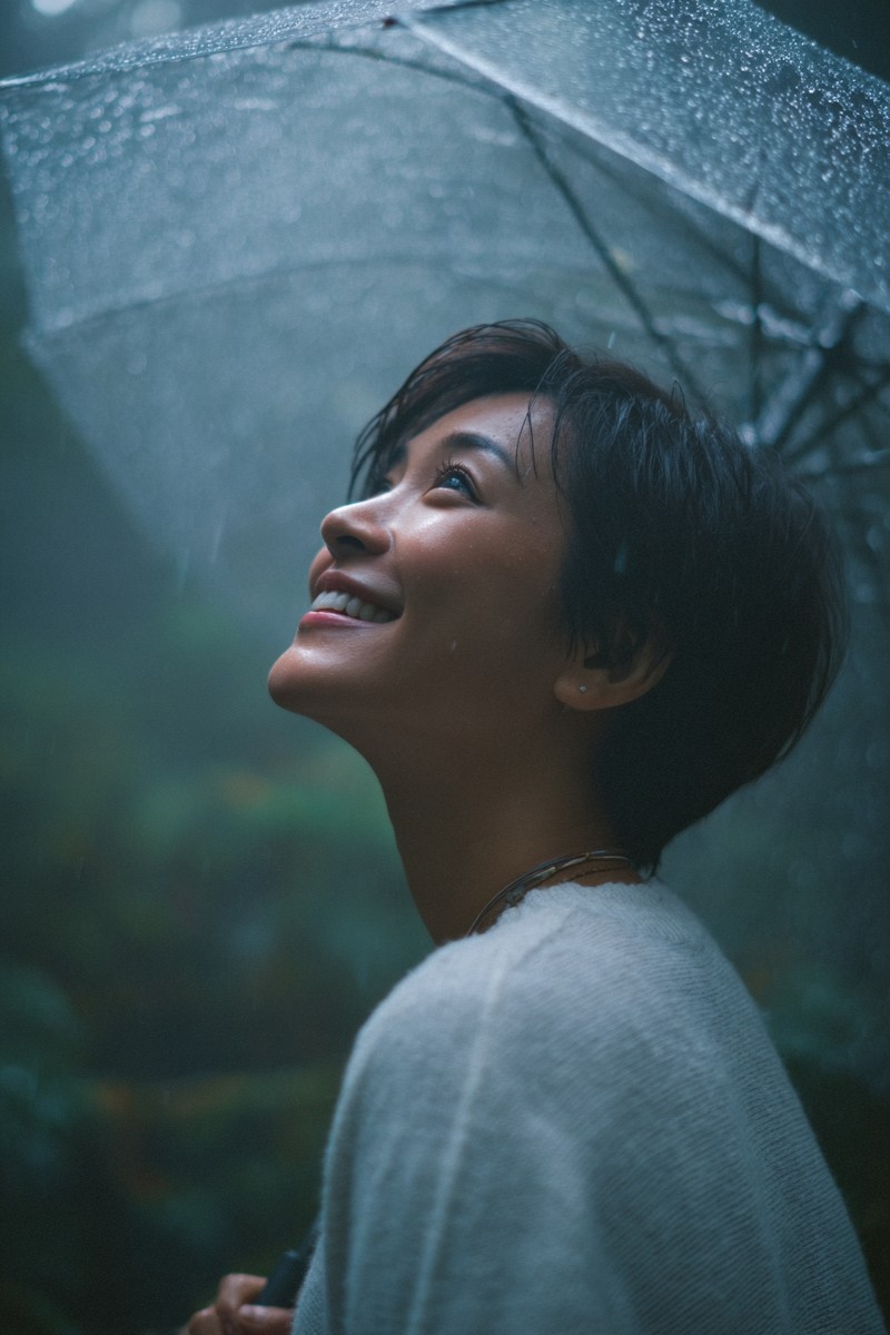 This image captures an Asian woman with short hair holding a colorful umbrella as rain falls around her. The scene evokes a sense of resilience and tranquility, showcasing her determination to embrace the moment despite the weather. Ideal for use in marketing campaigns on themes of empowerment, self-acceptance, outdoor lifestyle, and emotional well-being.