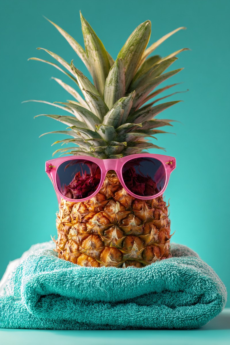pineapple wearing pink sunglasses turquoise tow