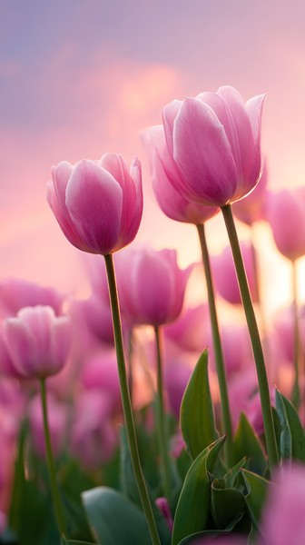 pink tulips sunrise field