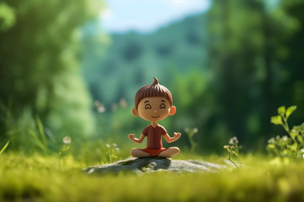 Playful cartoon character doing yoga in a serene natural setting