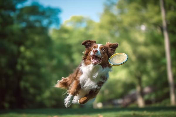 Playful dog catching a frisbee in mid-air at the park