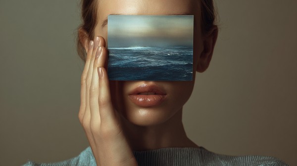 Woman Holding Ocean Image in Contemplative Pose