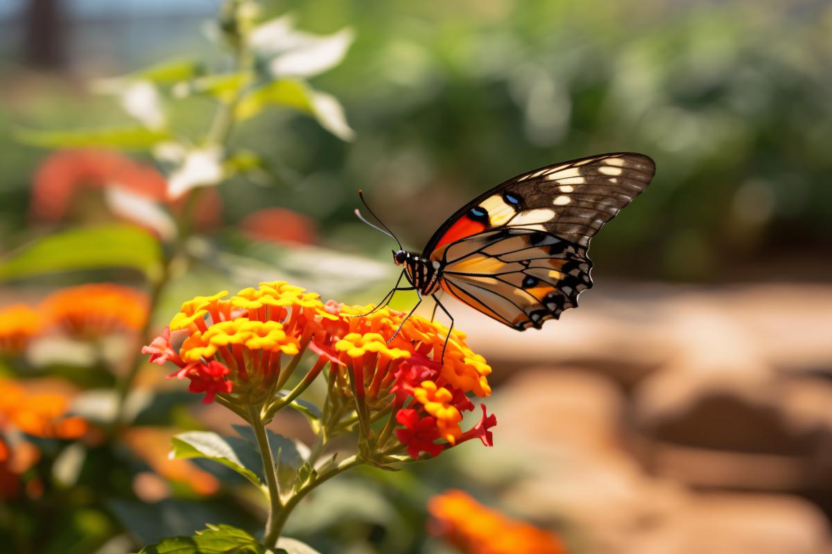 A radiant butterfly delicately perched on a vibrant flower