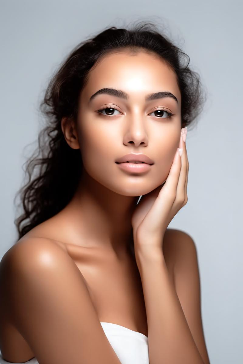 real photo skin care cream on face latin young woman white background