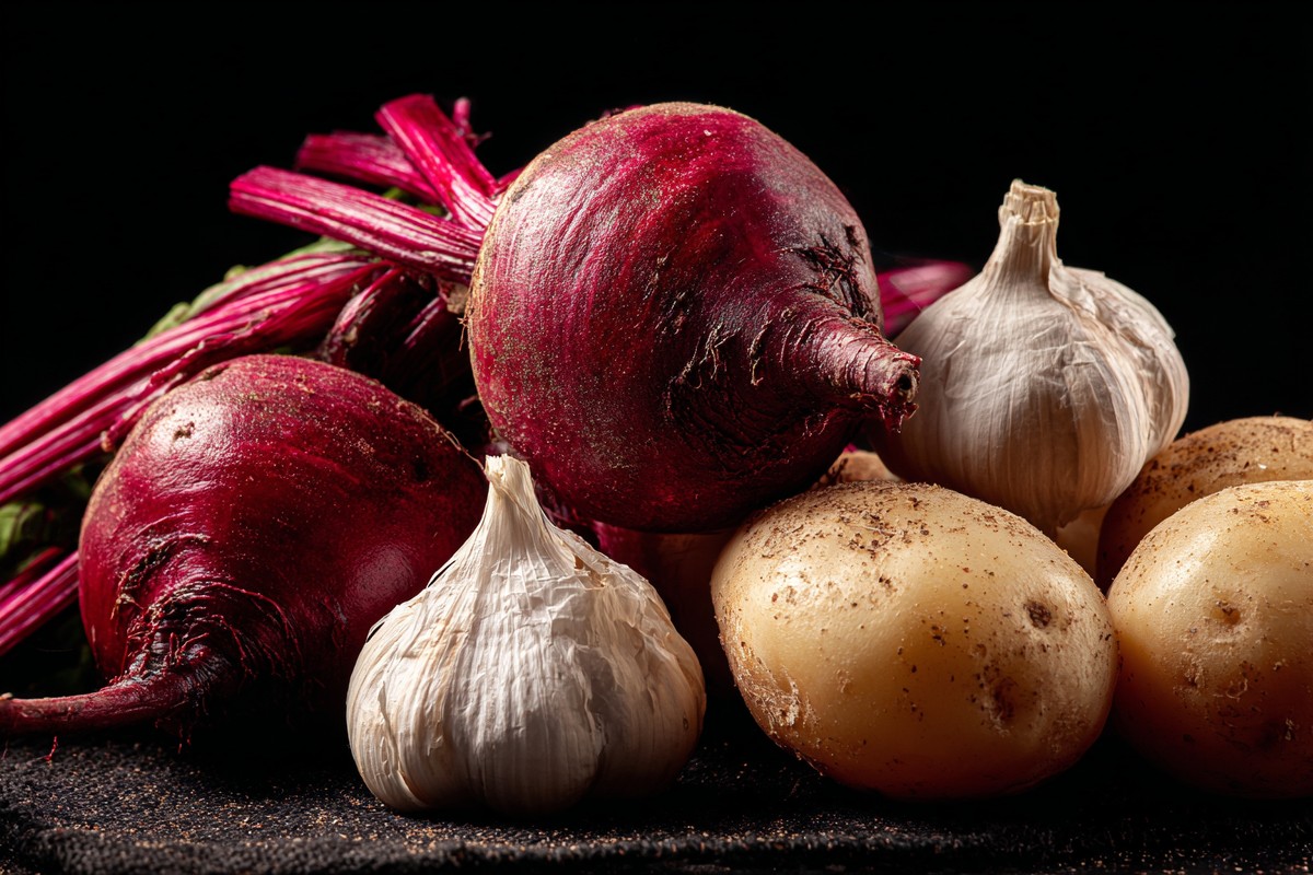 red beets potatoes and garlic black backgroun 300587b6 ba34 4281