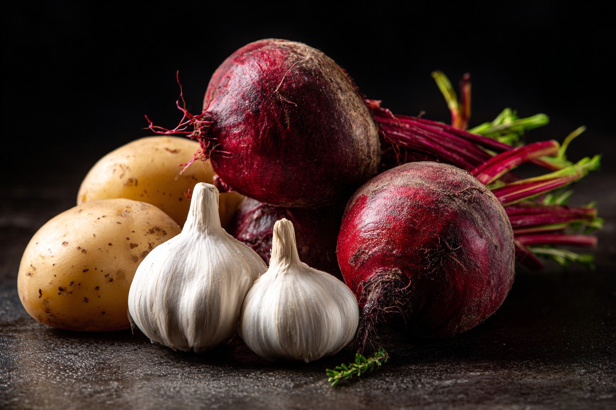 red beets potatoes and garlic black backgroun 300587b6 ba34 4281