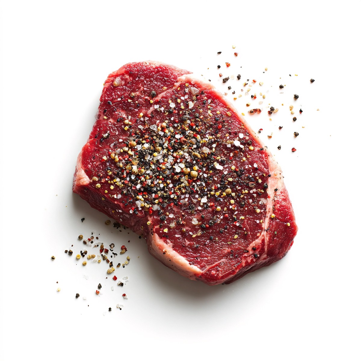 This image features a freshly cut raw red steak generously topped with black pepper, showcasing its rich texture and vibrant color. Ideal for culinary websites, cooking blogs, or recipe books, this visual can serve as an enticing representation of meat preparation, appealing to chefs and home cooks alike. Capture the essence of raw ingredients with this detailed shot.