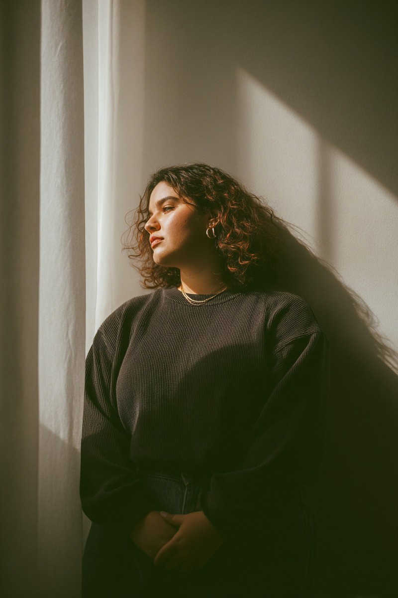 A confident plus-size Latina woman stands gracefully in front of a large window, showcasing her authentic beauty and self-acceptance. The soft light highlights her features, creating a serene atmosphere that resonates with empowerment and self-love. This image is ideal for promoting body positivity, diversity, and inclusivity in fashion and wellness campaigns.