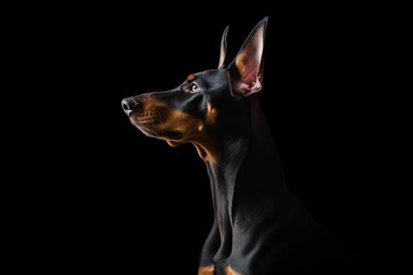 A regal Doberman Pinscher commands attention in a portrait against a black background