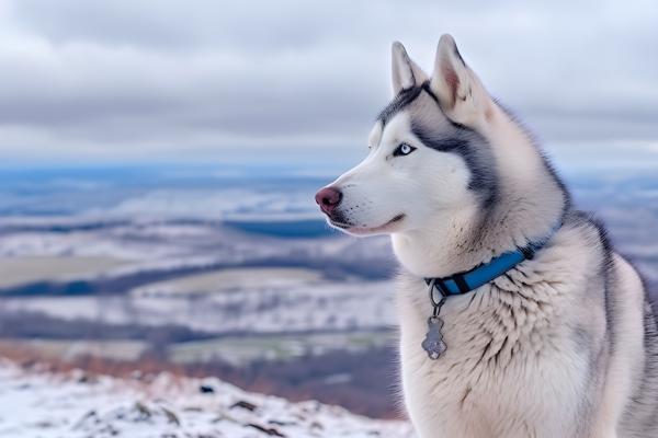 A regal Siberian husky with striking blue eyes