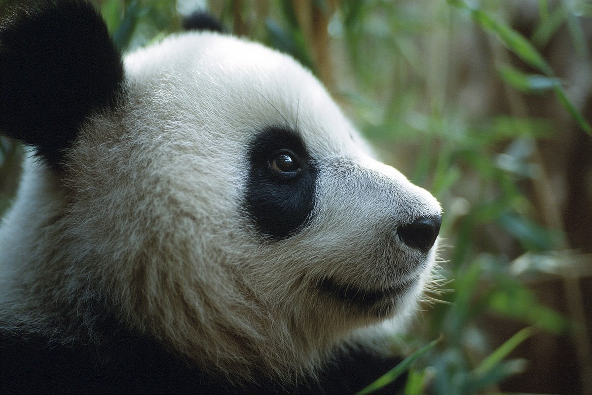This close-up image captures a panda bear sitting gracefully in a lush bamboo forest, surrounded by vibrant greenery. The panda's fur texture and the intricate details of the bamboo are vividly portrayed, making it an excellent choice for wildlife conservation campaigns, educational materials, or nature-themed projects. The serene atmosphere invites viewers to appreciate the beauty of wildlife.