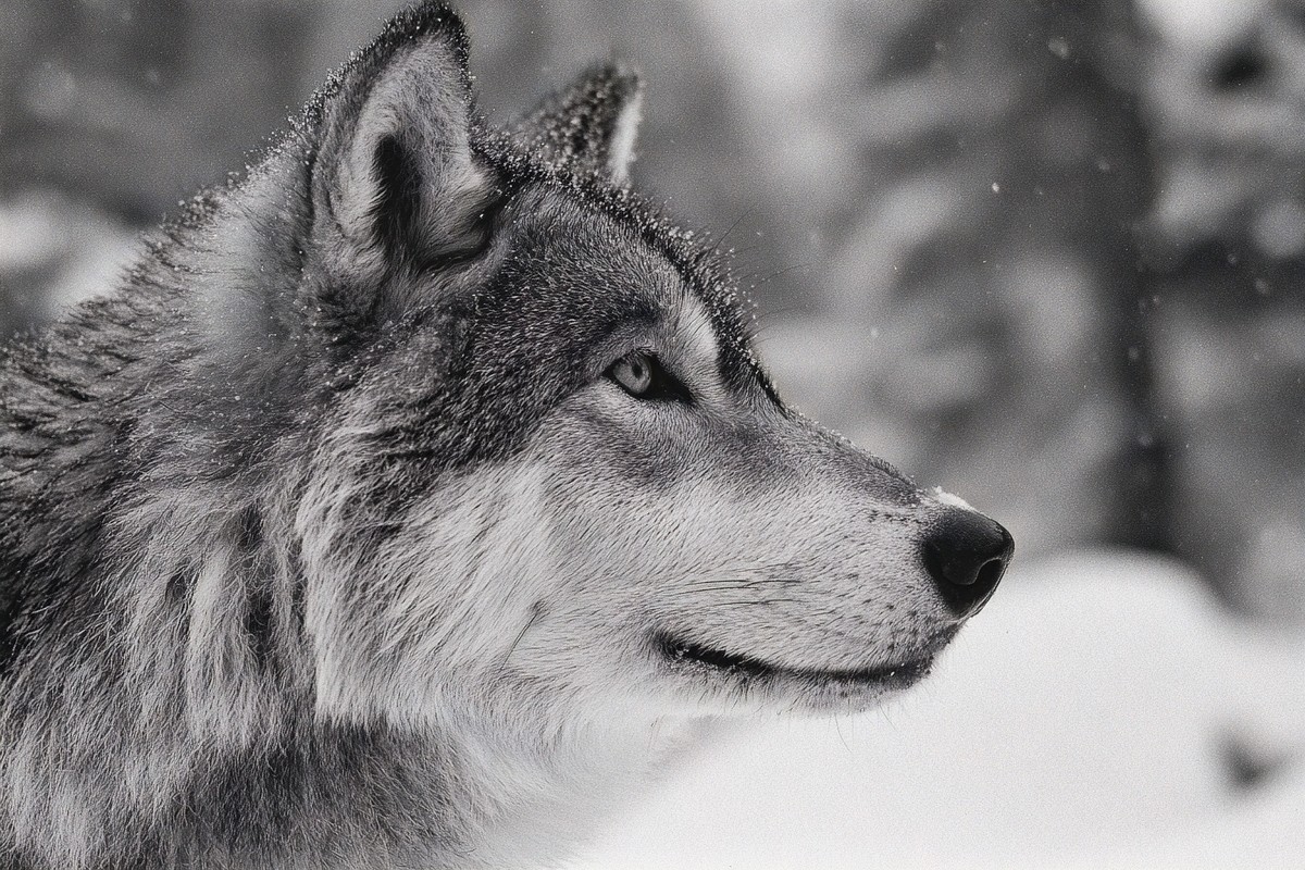 This close-up image captures a wolf in a snowy forest, gazing intently at something in the distance. The intricate details of its fur and the serene yet wild atmosphere of the snow-covered landscape create an engaging visual narrative. Ideal for projects related to wildlife, nature conservation, or outdoor adventures.