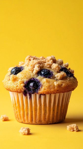 Blueberry Muffin with Crumble Topping on Yellow Background