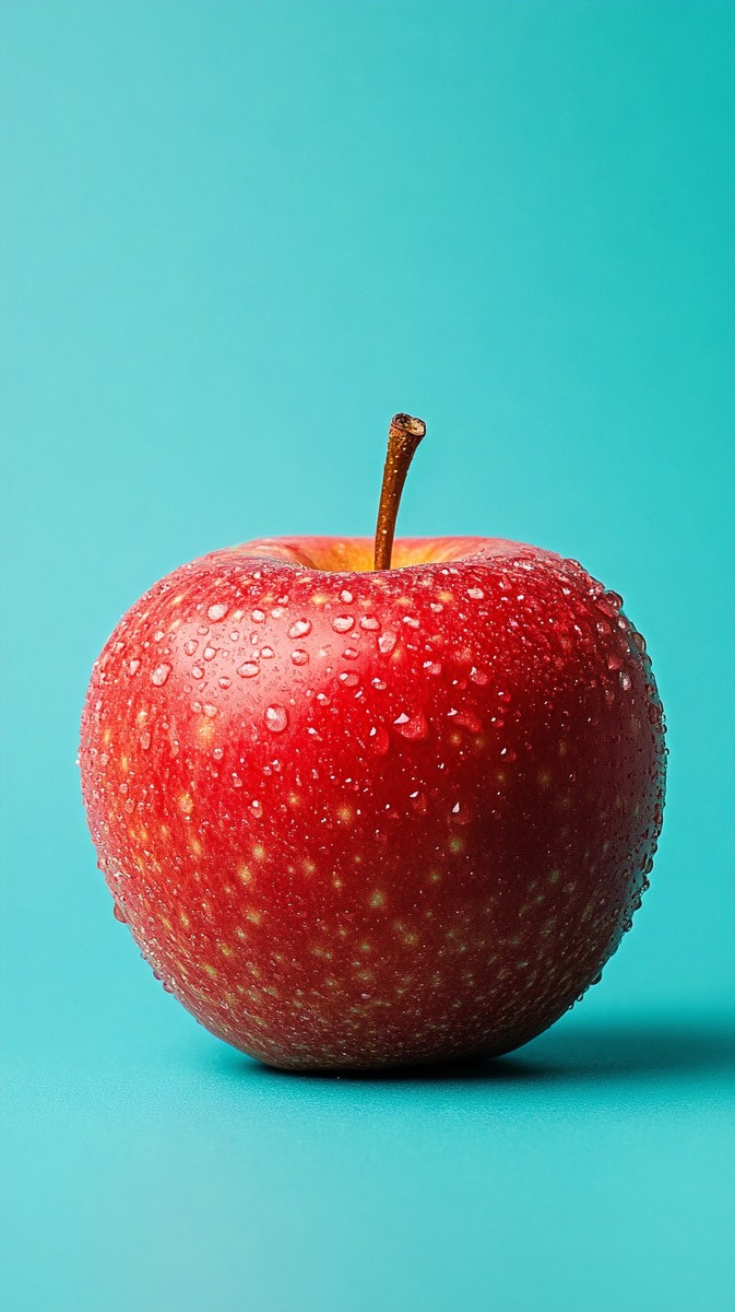 Glossy Red Apple on Teal Background