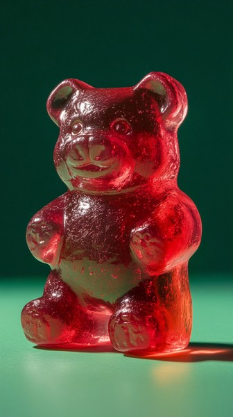 Translucent Red Gummy Bear Sculpture Centered on Solid Green Background