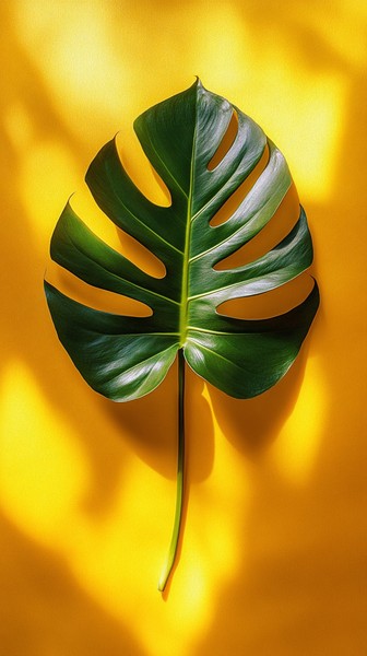 Monstera Deliciosa Leaf on Mustard Yellow Background