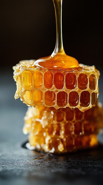 Honeycomb with Dripping Honey on Charcoal Surface