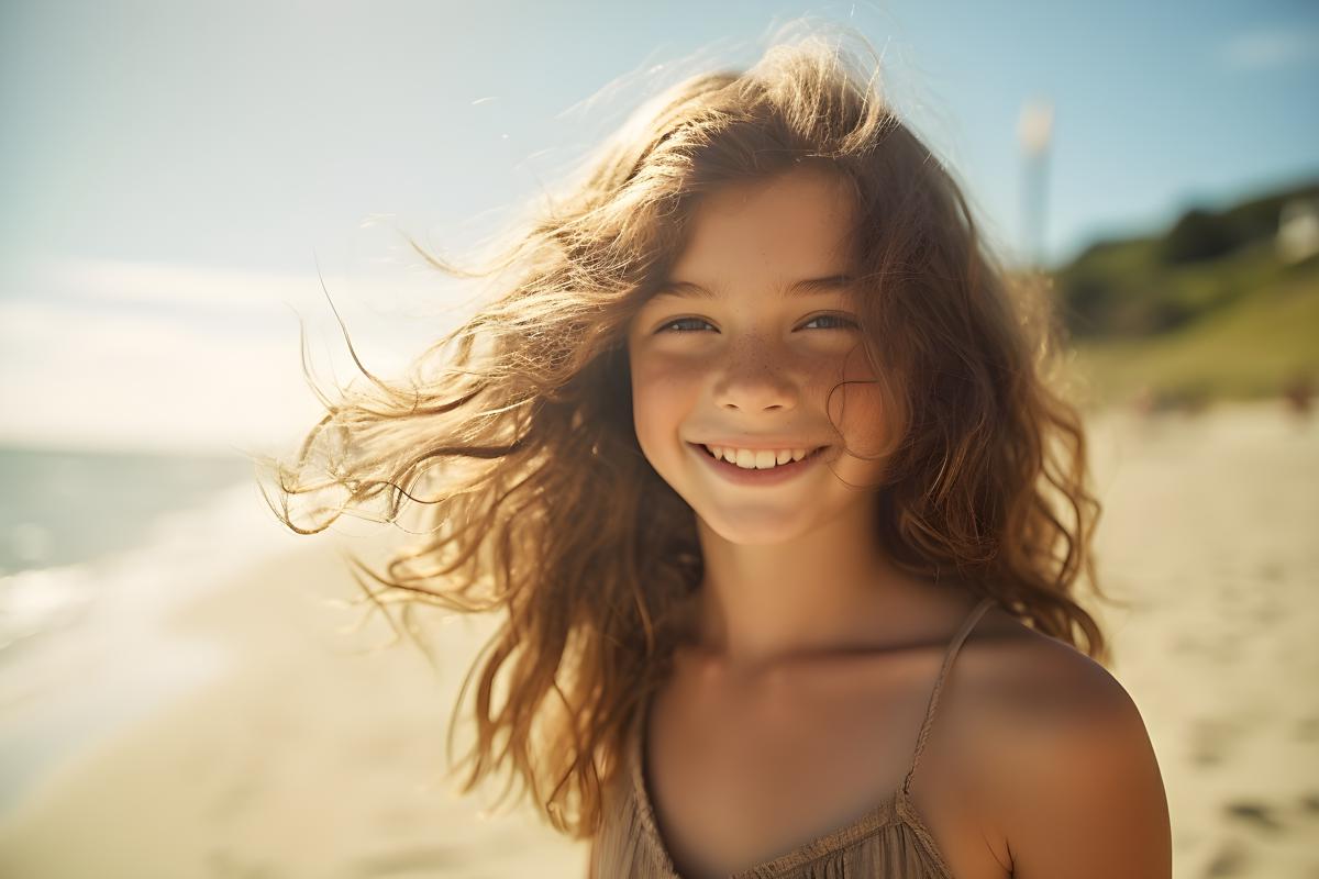 Smiling girl enjoying a sunny day at the beach