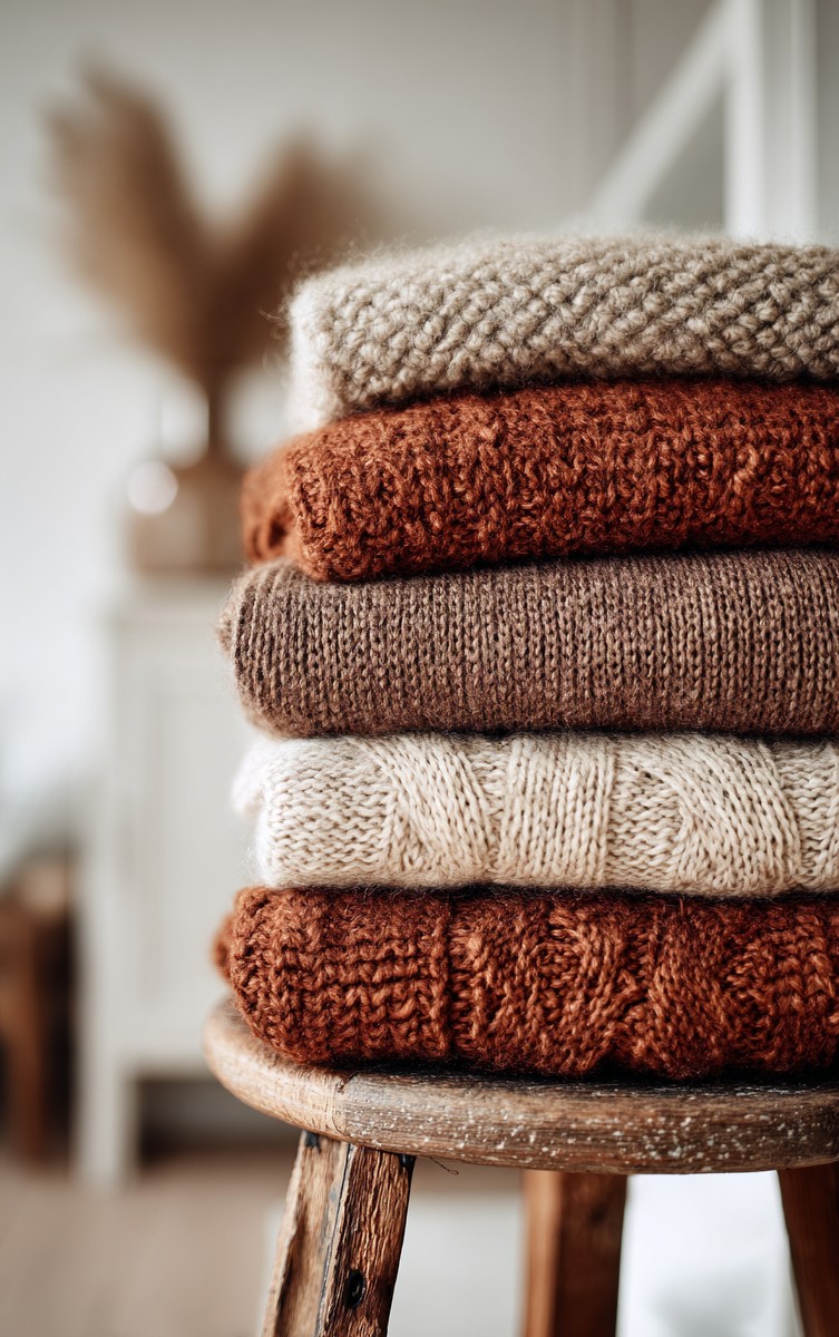 stack soft knitted sweaters earthy tones lik
