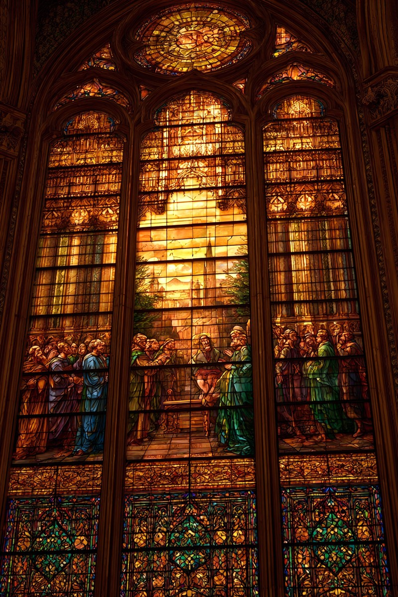 stained glass window showing historical scene 38dfe7e8 2c38 461c 9478