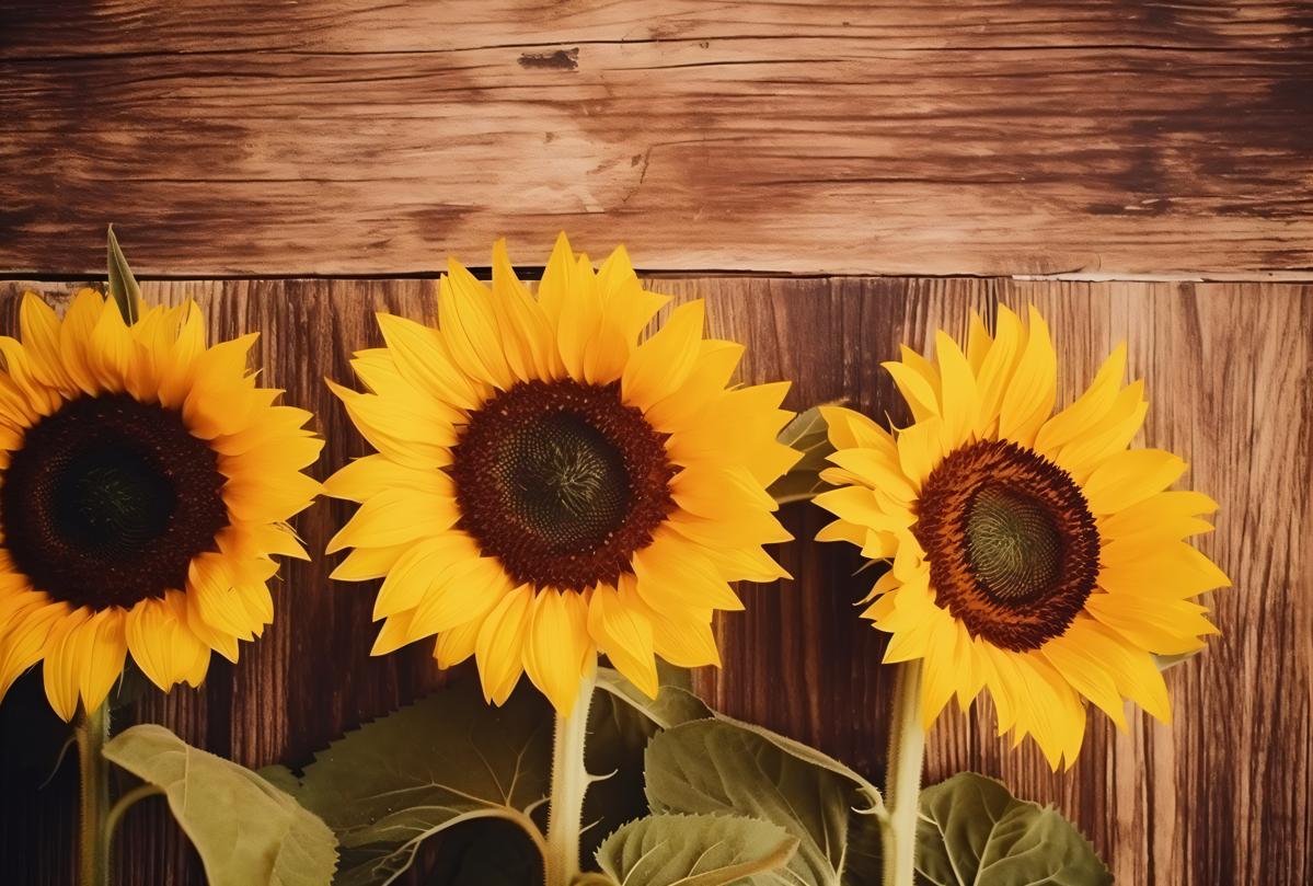 sunflowers on the wooden background with vintage rustic effect