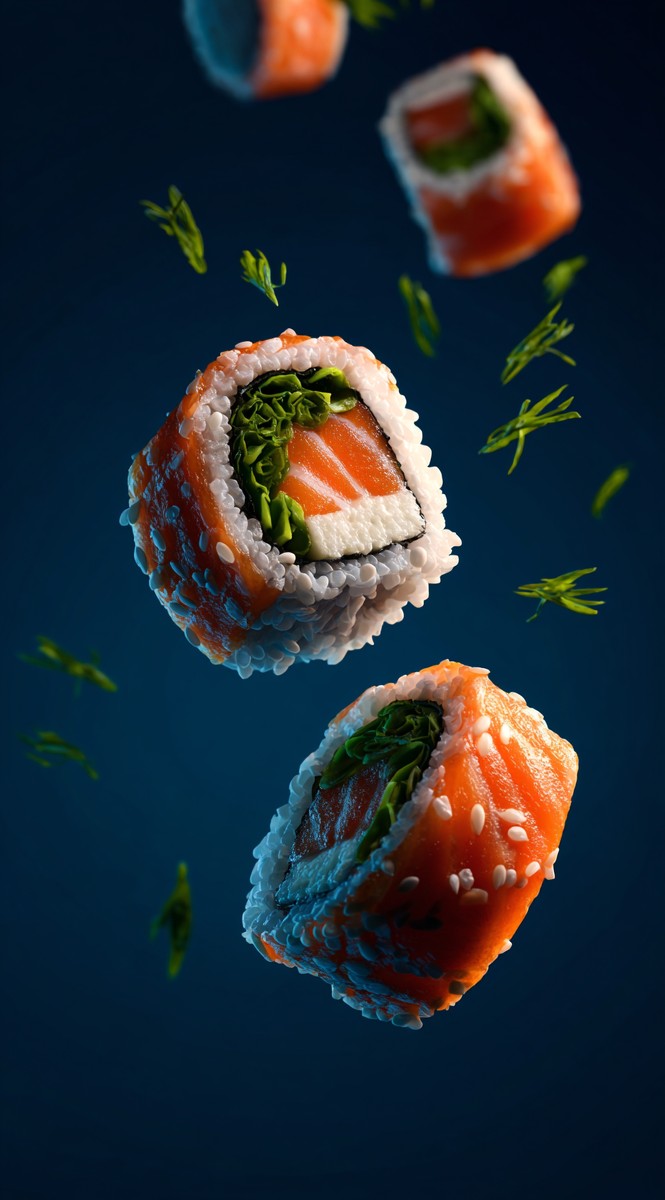 sushi with salmon and green beans inside floating 3177eb06 3c17