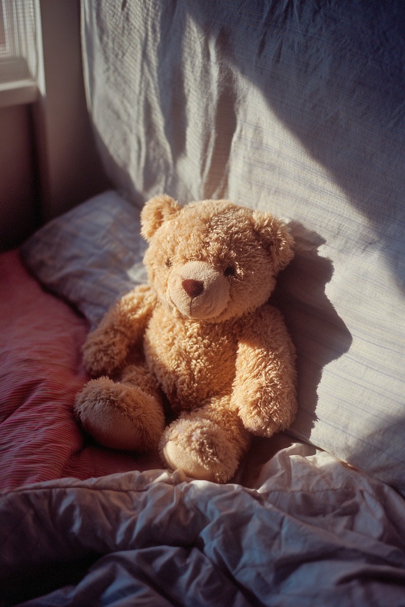 teddy bear left unmade bed soft light from wind 0d2dec4e