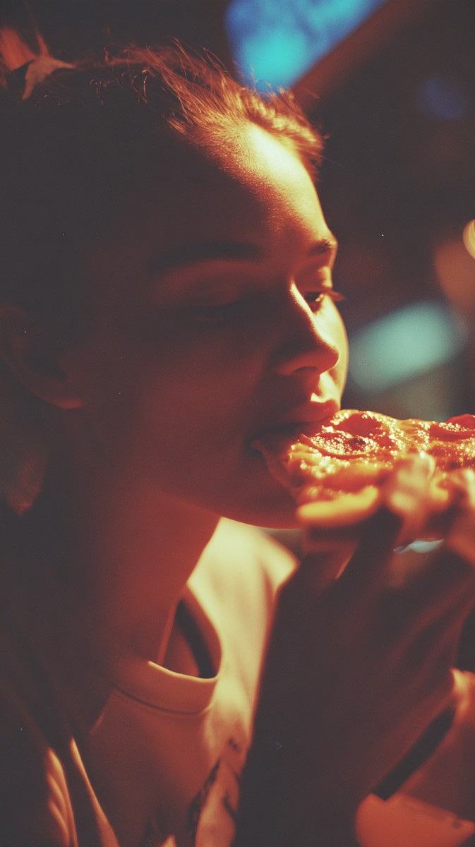 A teenage girl sits at a cozy restaurant, savoring a slice of pizza under the warm glow of the dim lights. The atmosphere is relaxed yet lively, showcasing a moment of joy and indulgence. This image captures the essence of casual dining and can be perfect for food blogs, restaurant promotions, or social media content celebrating the simple pleasures of life.