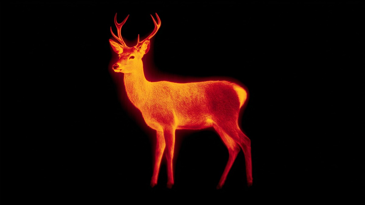 This image showcases a deer illuminated by a red thermal spotlight in a dark wilderness setting. The unique angle and thermal imaging technology reveal the creature's outline against the night, creating a captivating visual narrative. Ideal for wildlife conservation campaigns, educational materials, or nature-themed projects highlighting nocturnal animals and their habitats.