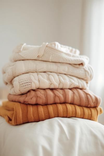three white and beige sweaters standing on the bed