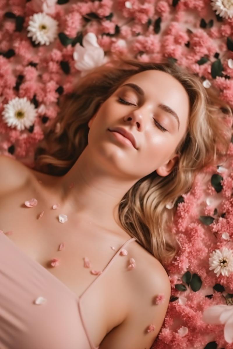 top view real photo woman resting on a flower floor skin care cream on face young woman