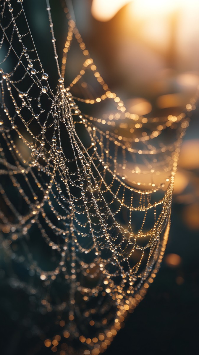 This ultra-detailed close-up image captures a delicate spider web adorned with glistening droplets of dew. The intricate patterns and textures create a mesmerizing visual effect, making it ideal for nature-themed projects, environmental awareness campaigns, or as a backdrop in digital artwork. The ethereal beauty of the web evokes a sense of wonder at nature's craftsmanship.